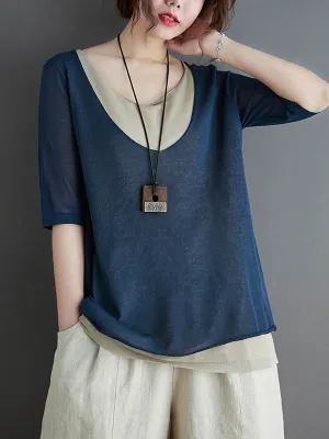 xakxx Artistic False Two Loose Ramie Cotton Half Sleeve Shirt