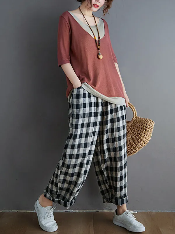 xakxx Artistic False Two Loose Ramie Cotton Half Sleeve Shirt