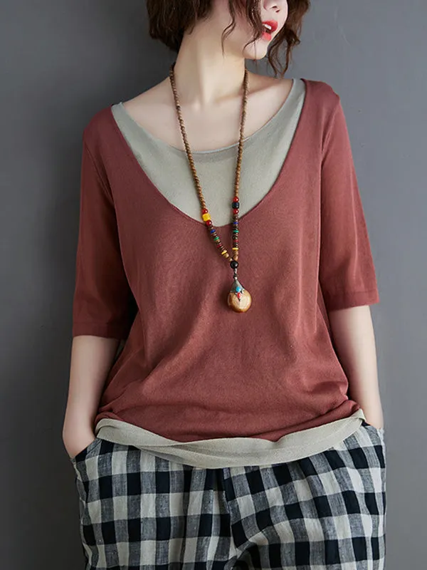 xakxx Artistic False Two Loose Ramie Cotton Half Sleeve Shirt