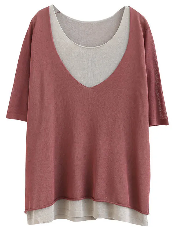xakxx Artistic False Two Loose Ramie Cotton Half Sleeve Shirt