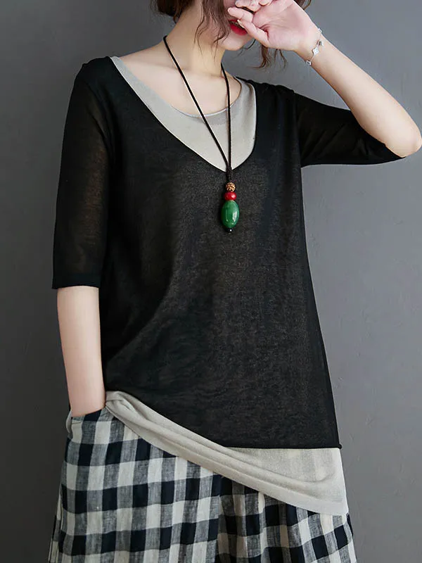 xakxx Artistic False Two Loose Ramie Cotton Half Sleeve Shirt
