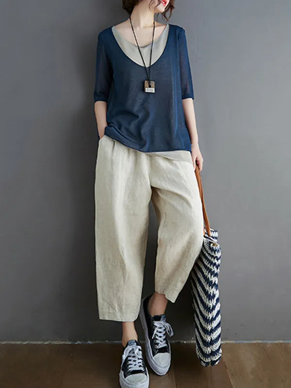xakxx Artistic False Two Loose Ramie Cotton Half Sleeve Shirt
