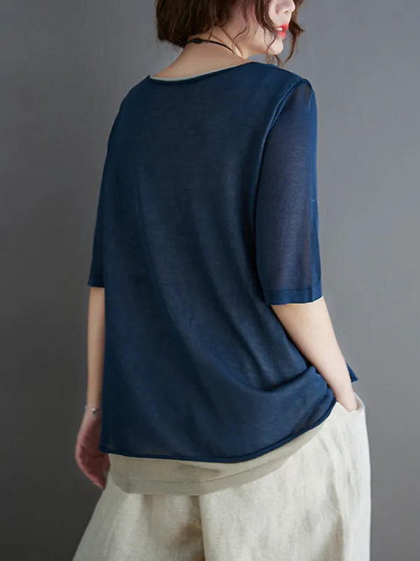 xakxx Artistic False Two Loose Ramie Cotton Half Sleeve Shirt