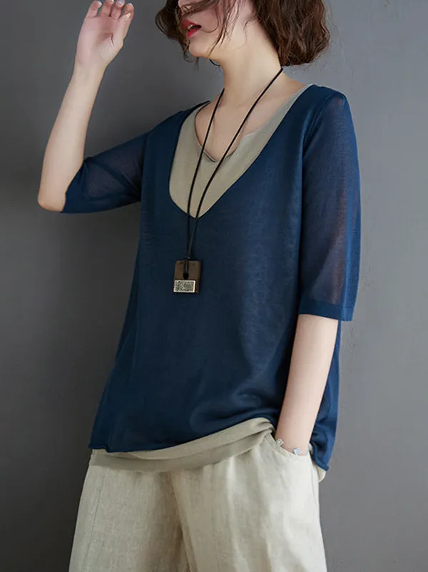 xakxx Artistic False Two Loose Ramie Cotton Half Sleeve Shirt