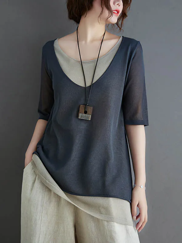 xakxx Artistic False Two Loose Ramie Cotton Half Sleeve Shirt