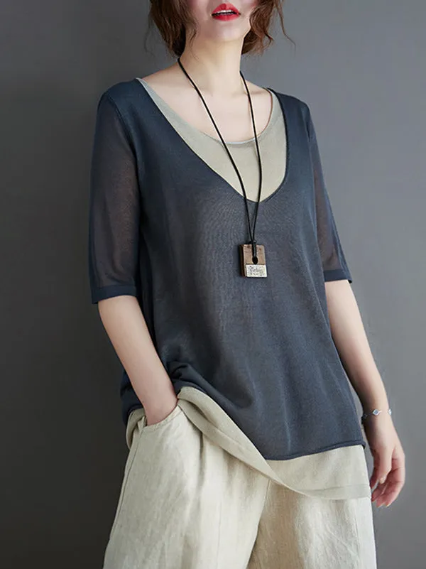 xakxx Artistic False Two Loose Ramie Cotton Half Sleeve Shirt