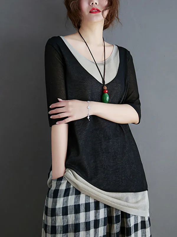 xakxx Artistic False Two Loose Ramie Cotton Half Sleeve Shirt