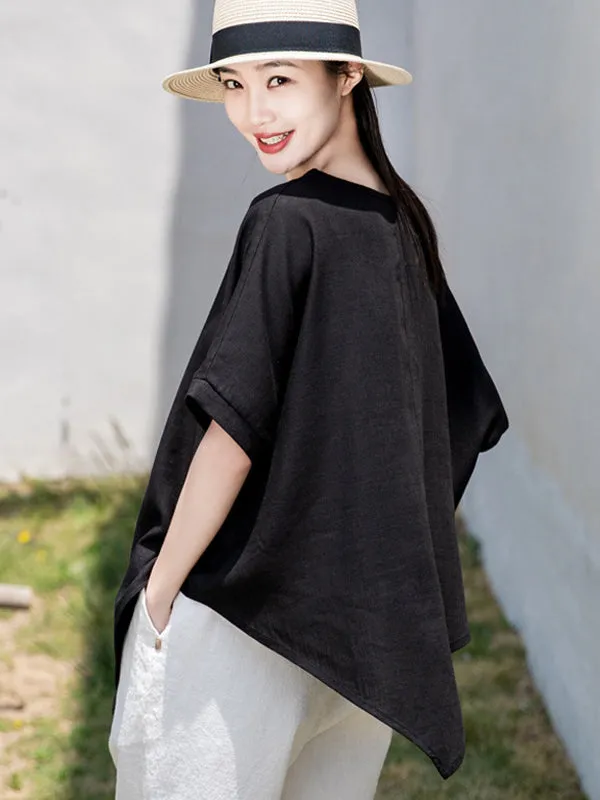 xakxx Artistic Retro Loose Linen Asymmetric T-Shirt Top